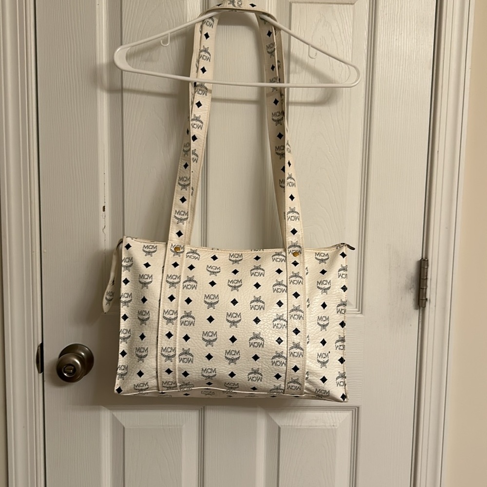 White MCM Visetos Leather Munchen Tote Full Zipper Handmade in Germany 2275A - Picture 4 of 16